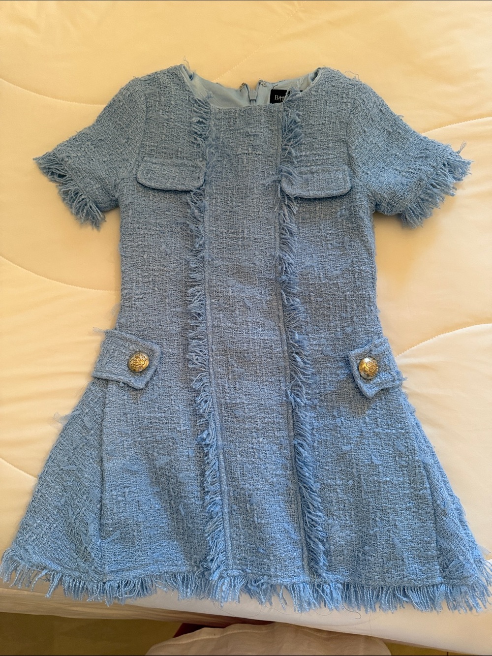 Bardot Light Blue Tweed Fringe Dress with Gold Buttons
